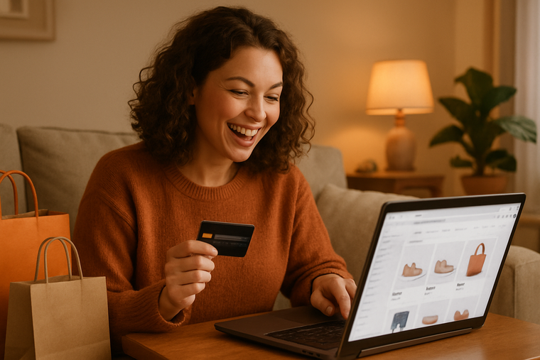 una mujer feliz comprando por internet